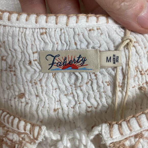 Faherty White Organic Cotton Laura Embroidered Smock Neck Blouse Sz.M NWT - Picture 9 of 16